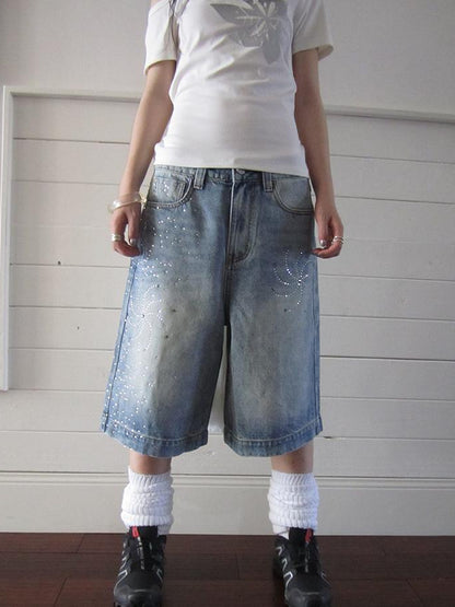 ang project Vintage Summer Distressed Denim Mid Shorts With Rhinestones