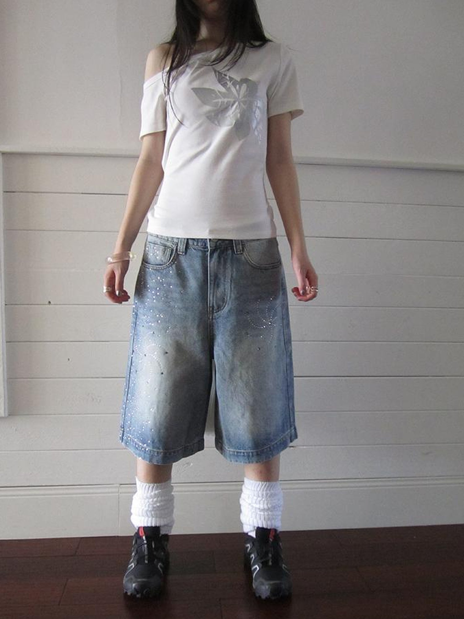 ang project Vintage Summer Distressed Denim Mid Shorts With Rhinestones