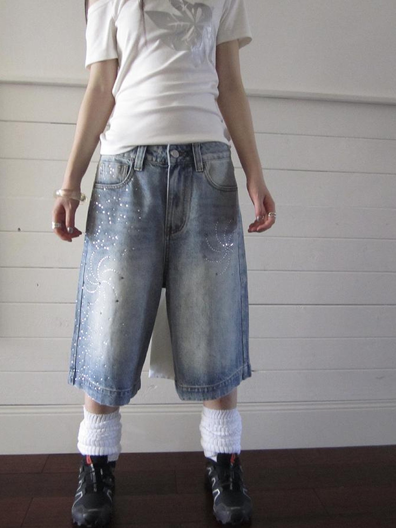 ang project Vintage Summer Distressed Denim Mid Shorts With Rhinestones