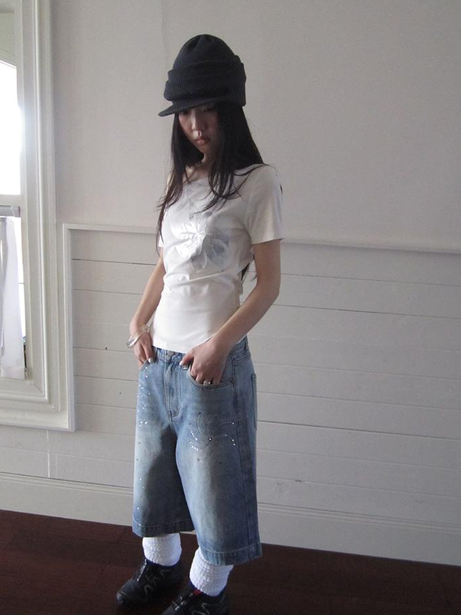ang project Vintage Summer Distressed Denim Mid Shorts With Rhinestones