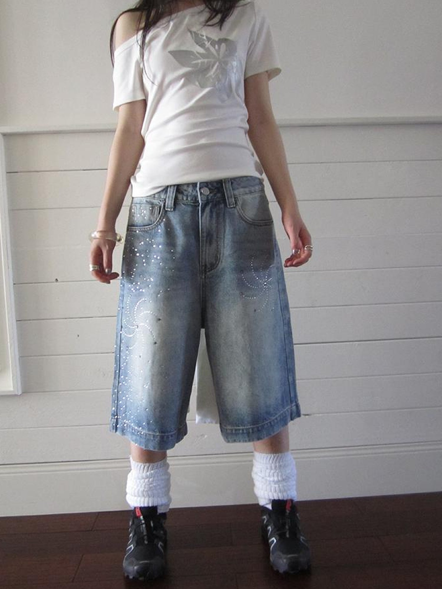ang project Vintage Summer Distressed Denim Mid Shorts With Rhinestones