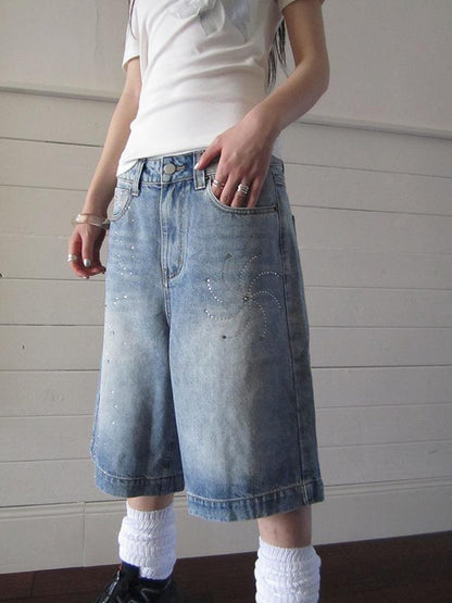ang project Vintage Summer Distressed Denim Mid Shorts With Rhinestones