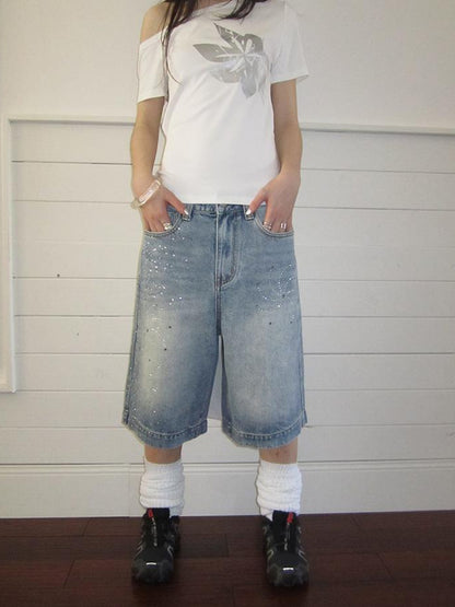 ang project Vintage Summer Distressed Denim Mid Shorts With Rhinestones