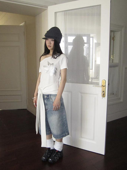 ang project Vintage Summer Distressed Denim Mid Shorts With Rhinestones