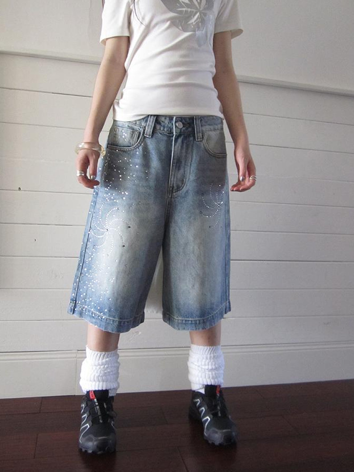 ang project Vintage Summer Distressed Denim Mid Shorts With Rhinestones