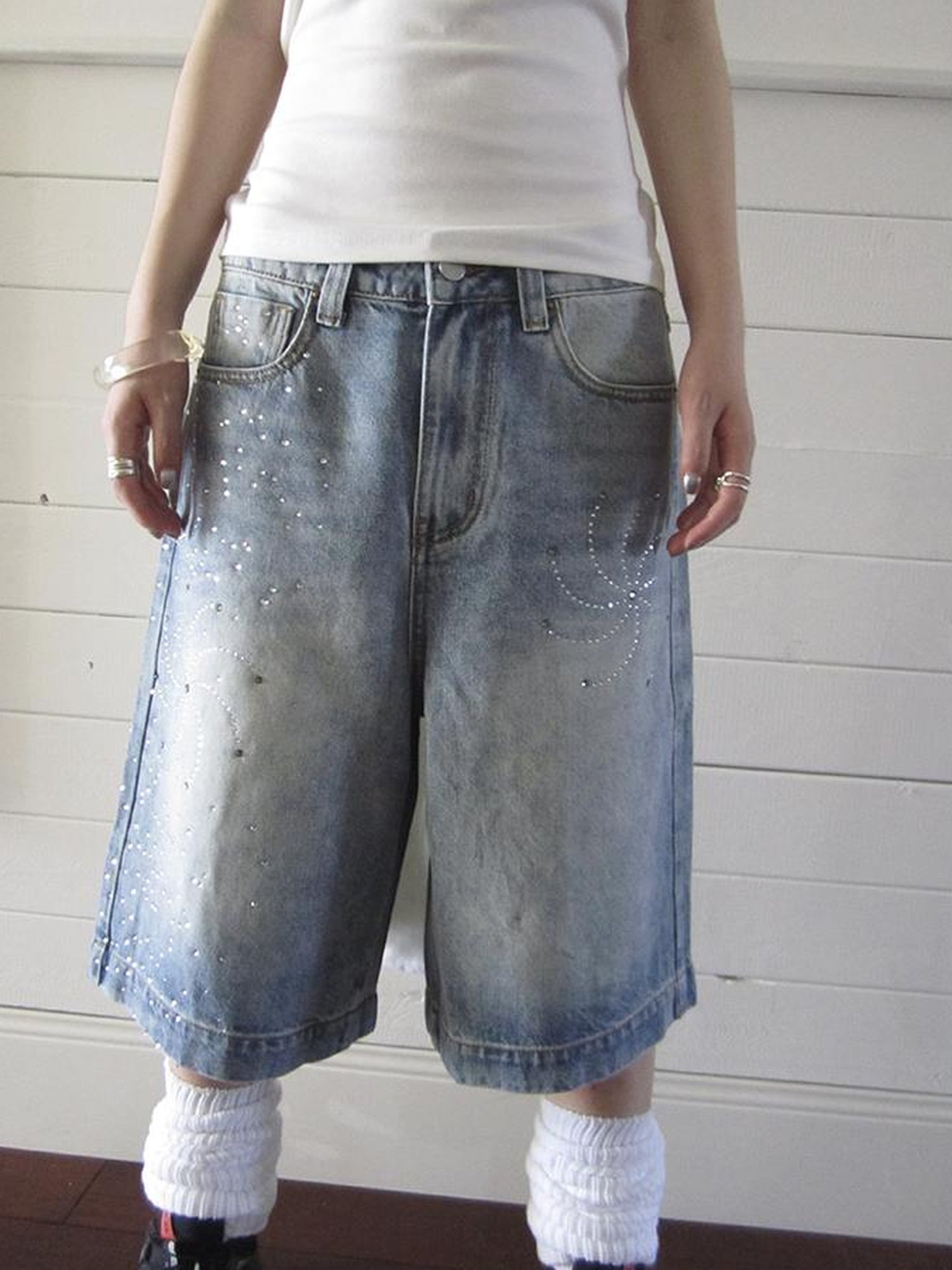 ang project Vintage Summer Distressed Denim Mid Shorts With Rhinestones