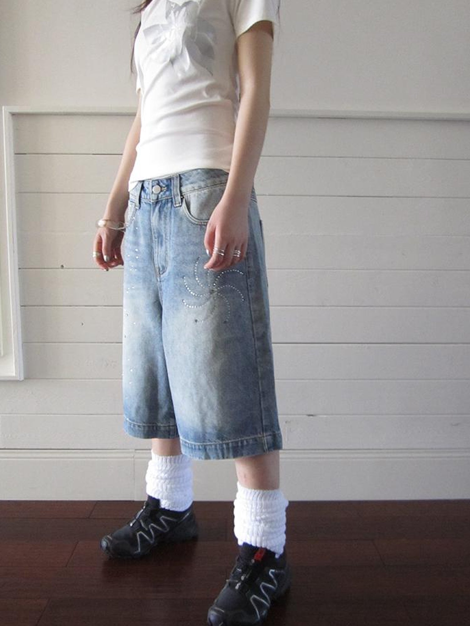 ang project Vintage Summer Distressed Denim Mid Shorts With Rhinestones