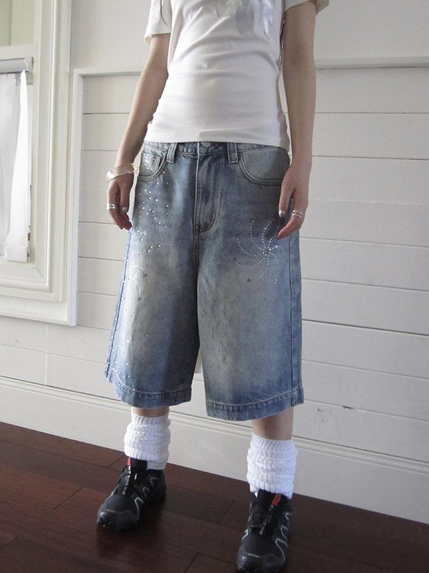 ang project Vintage Summer Distressed Denim Mid Shorts With Rhinestones