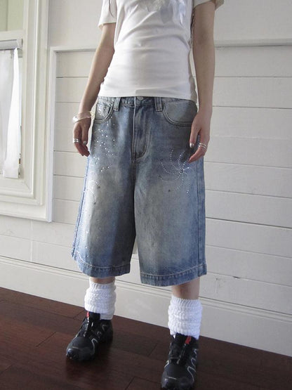 ang project Vintage Summer Distressed Denim Mid Shorts With Rhinestones