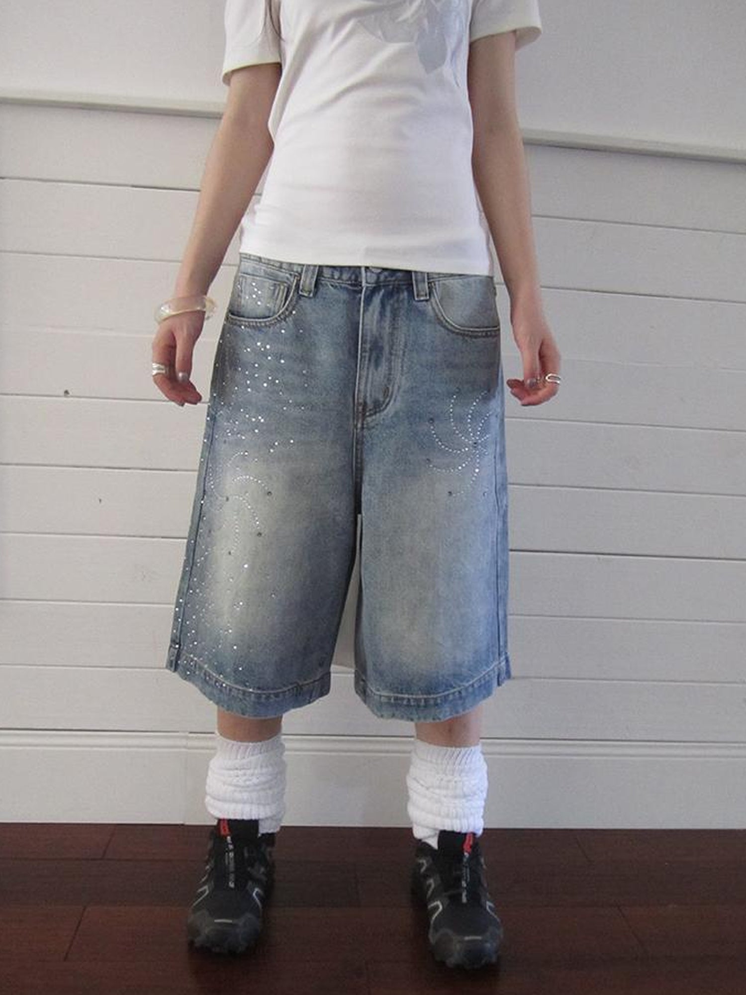 ang project Vintage Summer Distressed Denim Mid Shorts With Rhinestones