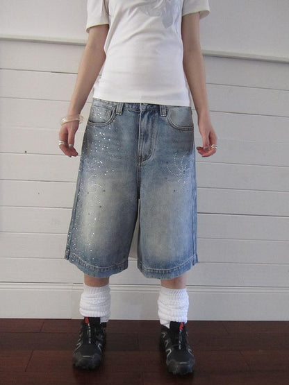 ang project Vintage Summer Distressed Denim Mid Shorts With Rhinestones