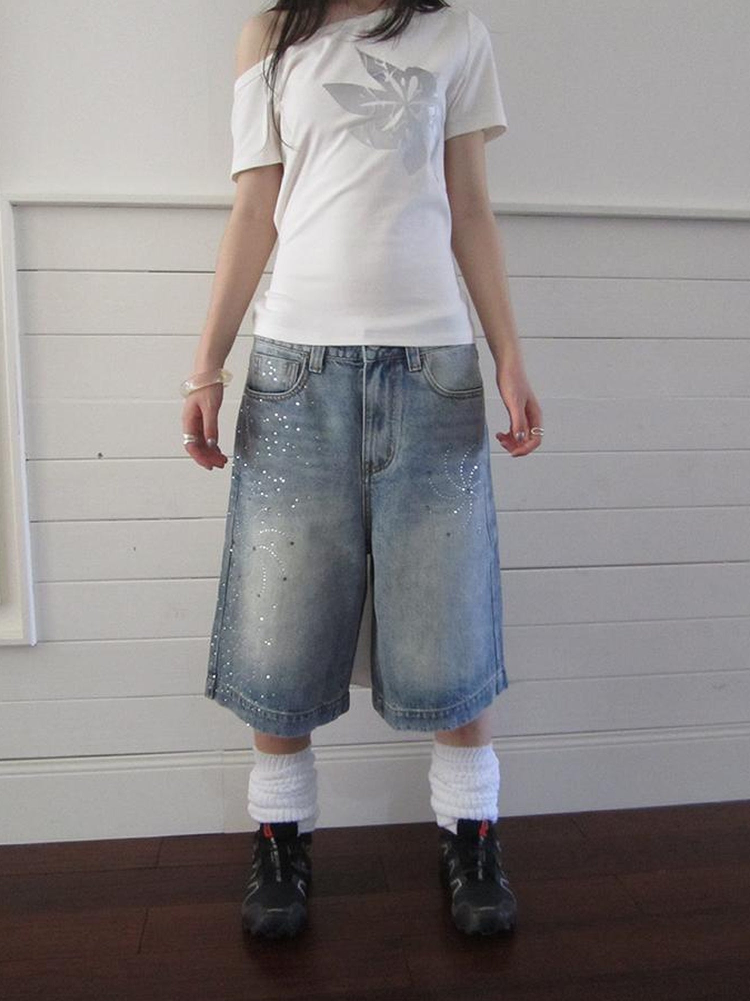 ang project Vintage Summer Distressed Denim Mid Shorts With Rhinestones