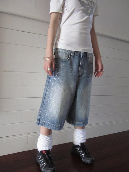 ang project Vintage Summer Distressed Denim Mid Shorts With Rhinestones