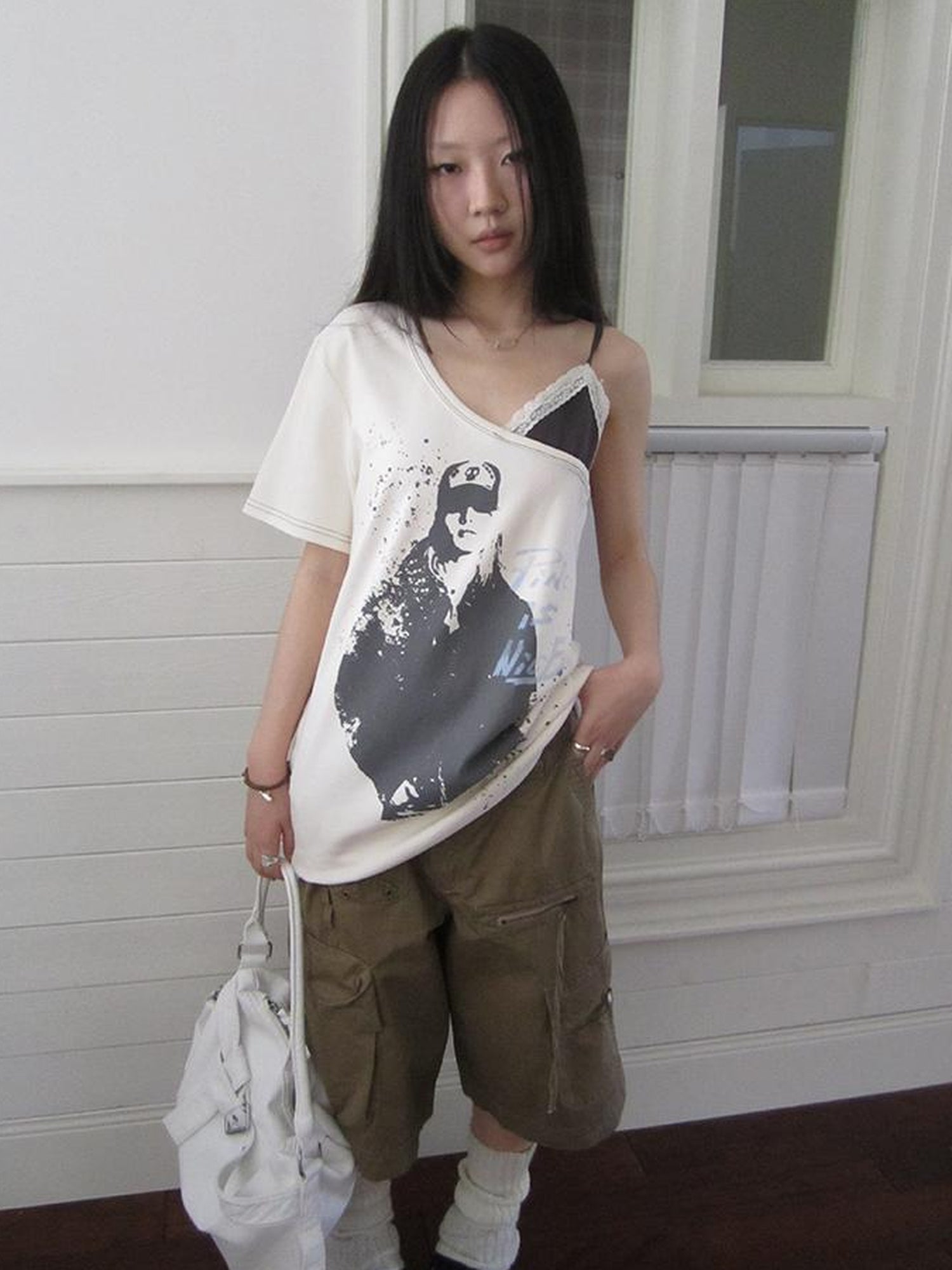 Updateang project Vintage Summer Portrait Print Off Shoulder Lace Trim T Shirt