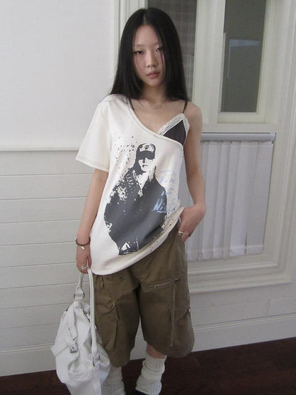 Updateang project Vintage Summer Portrait Print Off Shoulder Lace Trim T Shirt