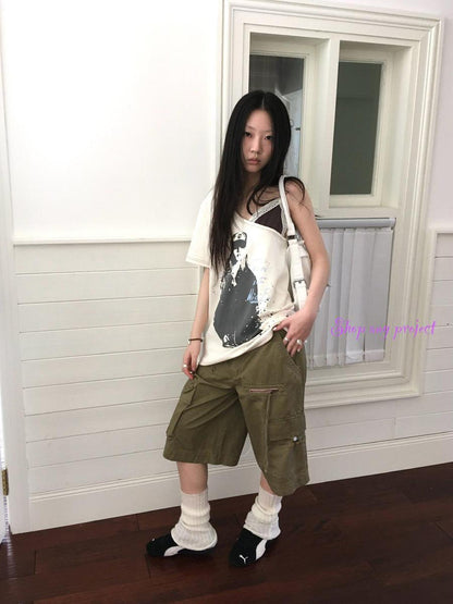 Updateang project Vintage Summer Portrait Print Off Shoulder Lace Trim T Shirt