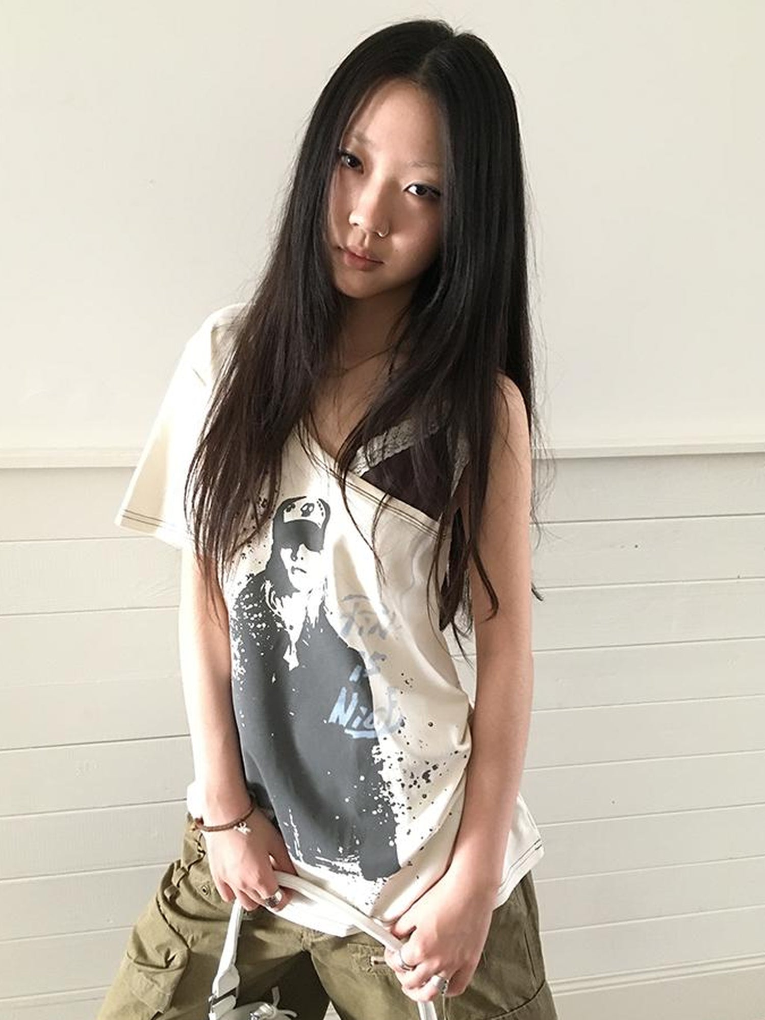 Updateang project Vintage Summer Portrait Print Off Shoulder Lace Trim T Shirt