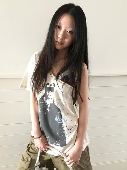 Updateang project Vintage Summer Portrait Print Off Shoulder Lace Trim T Shirt