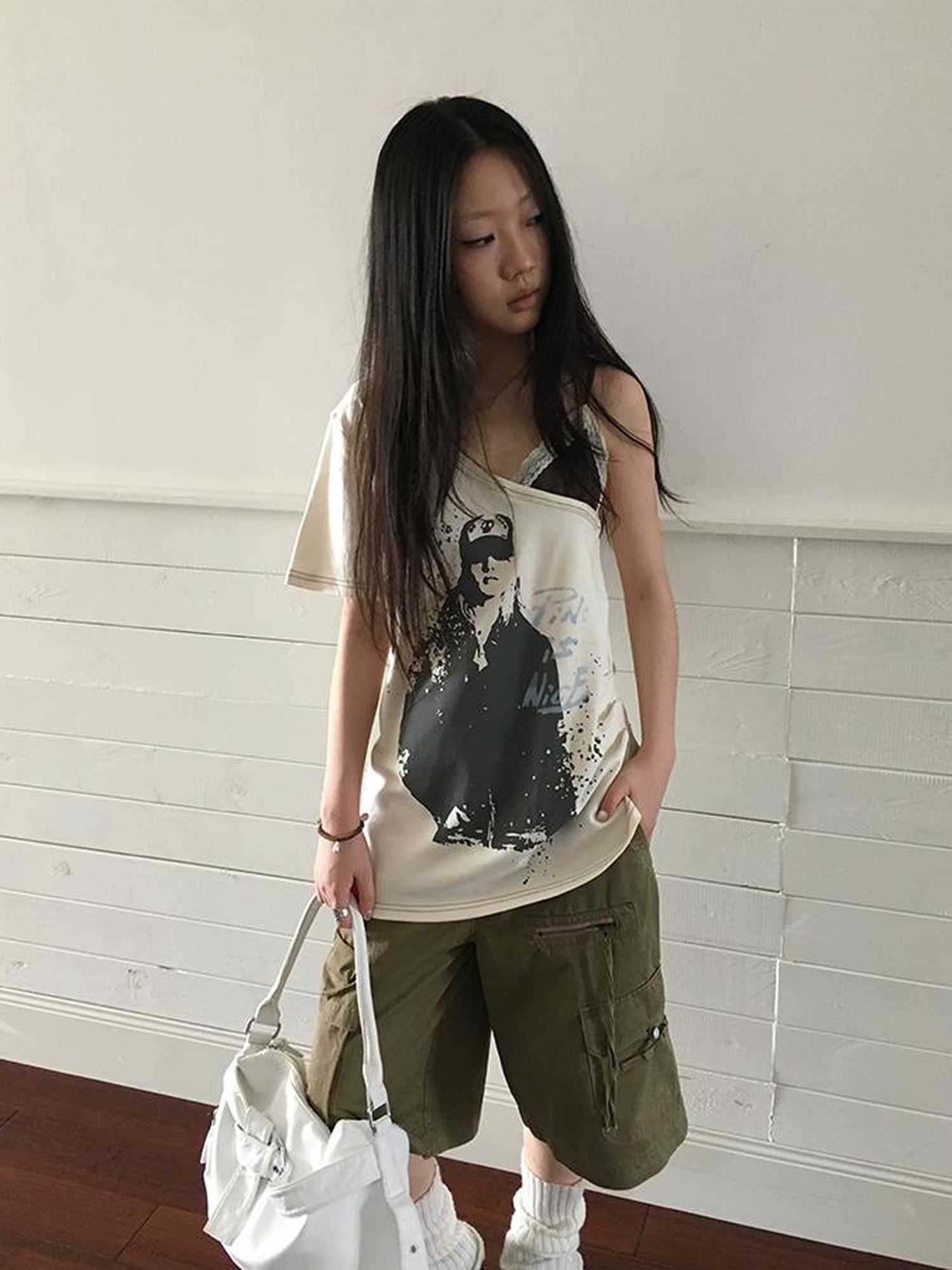 Updateang project Vintage Summer Portrait Print Off Shoulder Lace Trim T Shirt
