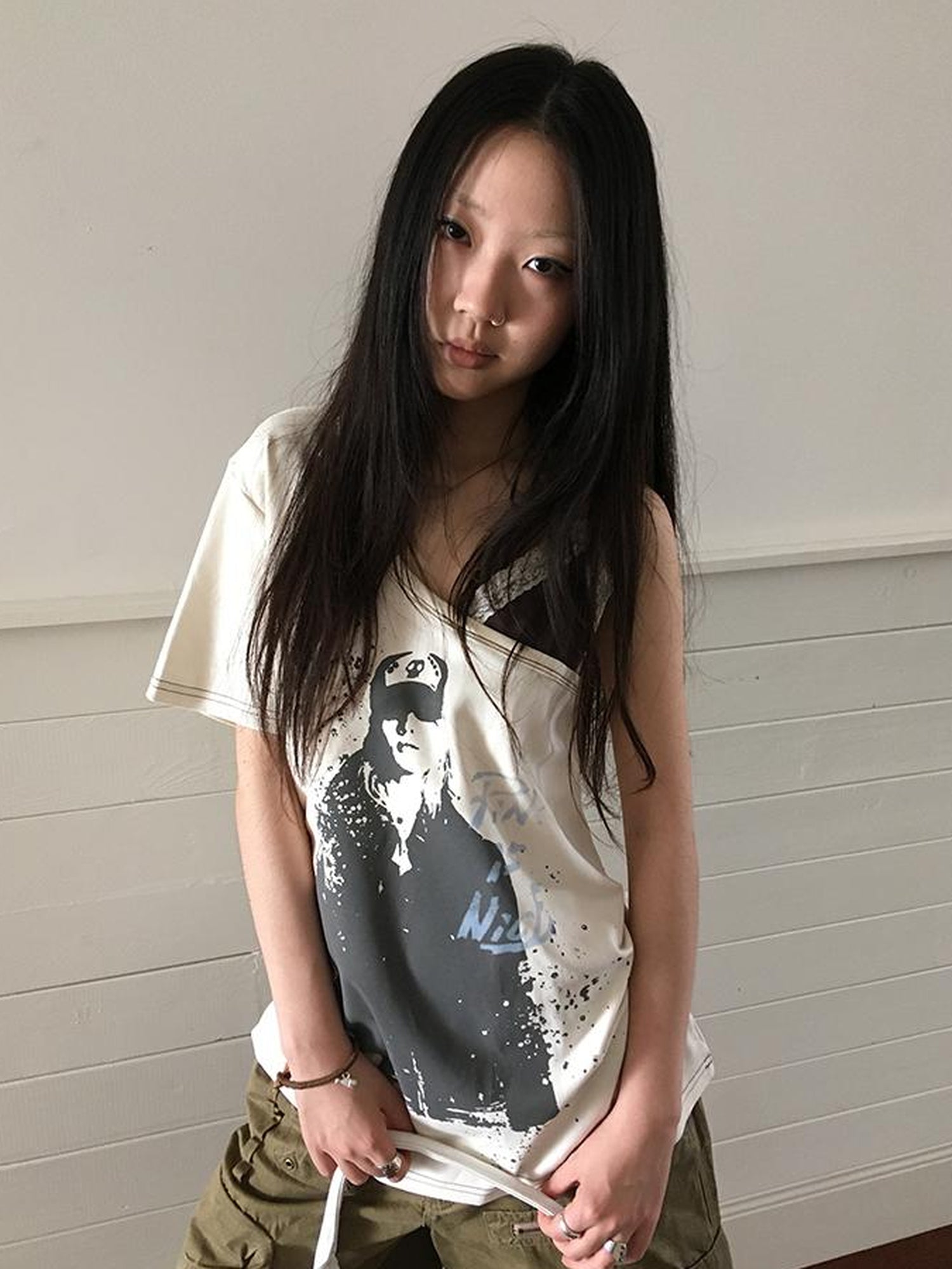 Updateang project Vintage Summer Portrait Print Off Shoulder Lace Trim T Shirt