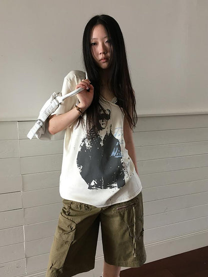 Updateang project Vintage Summer Portrait Print Off Shoulder Lace Trim T Shirt