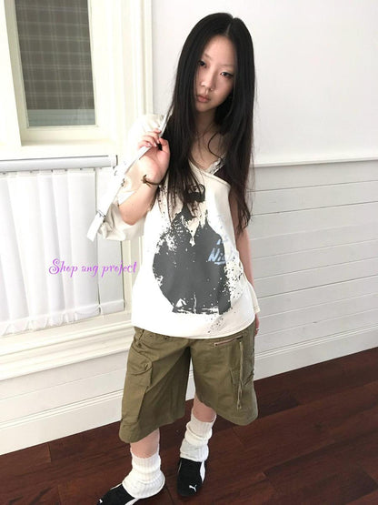 Updateang project Vintage Summer Portrait Print Off Shoulder Lace Trim T Shirt