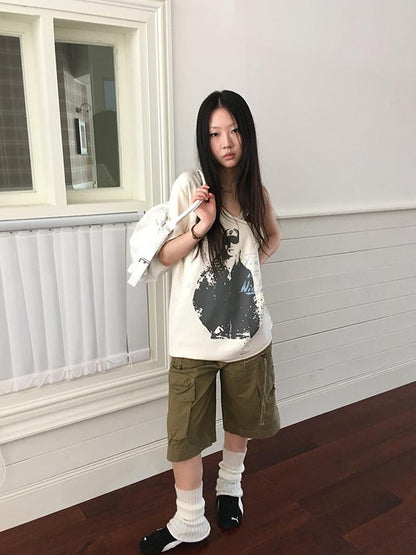 Updateang project Vintage Summer Portrait Print Off Shoulder Lace Trim T Shirt