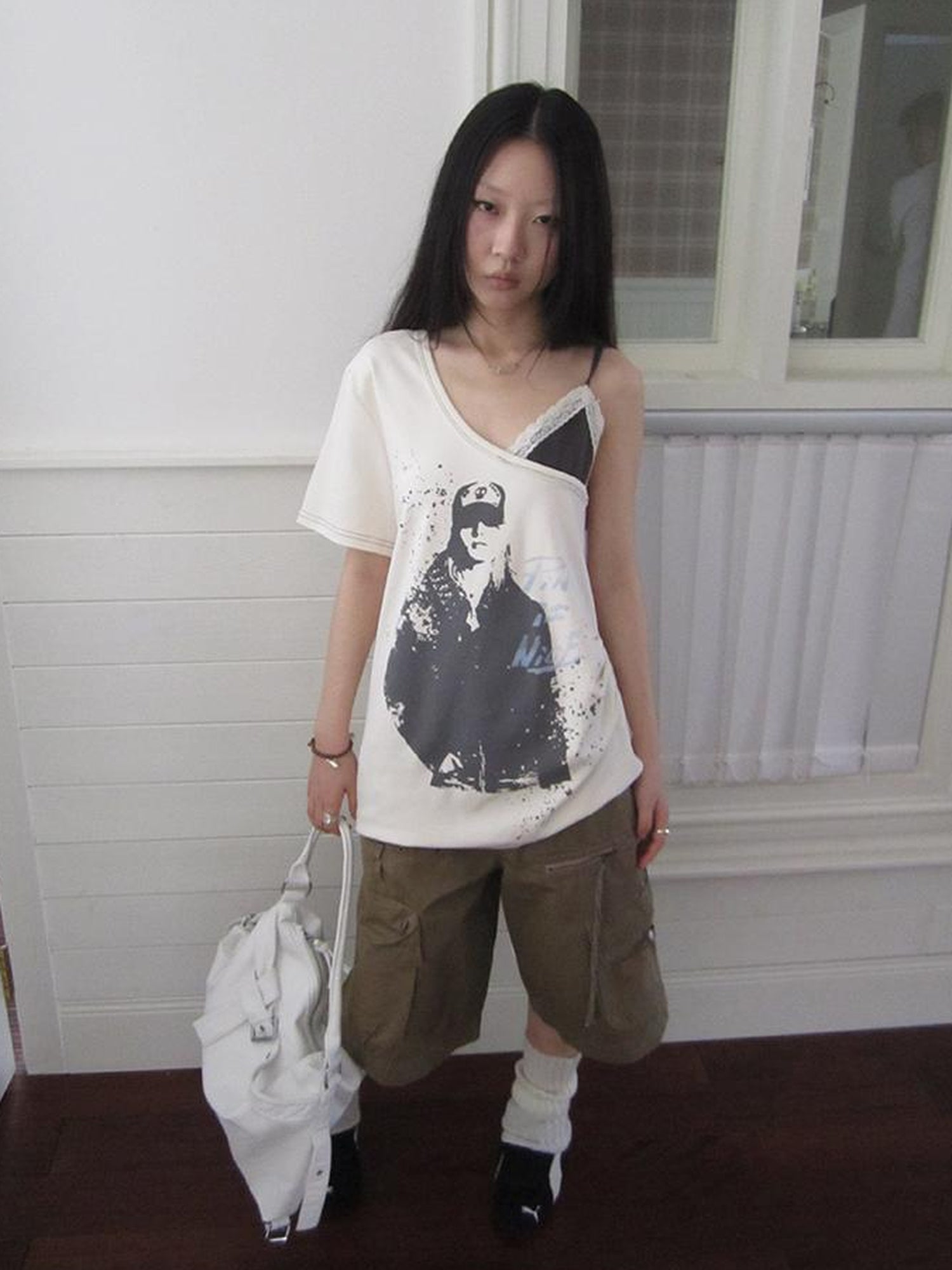 Updateang project Vintage Summer Portrait Print Off Shoulder Lace Trim T Shirt