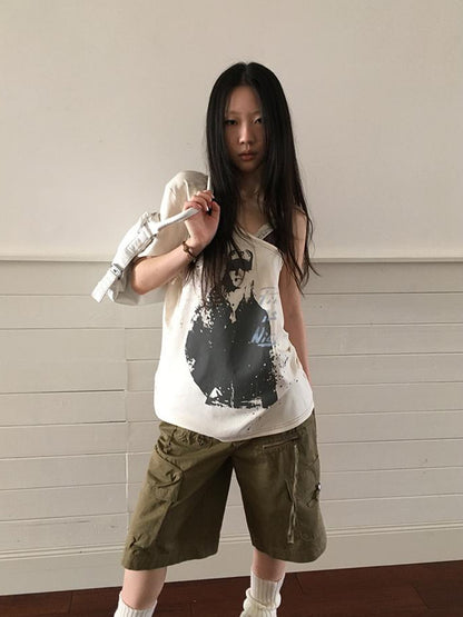 Updateang project Vintage Summer Portrait Print Off Shoulder Lace Trim T Shirt