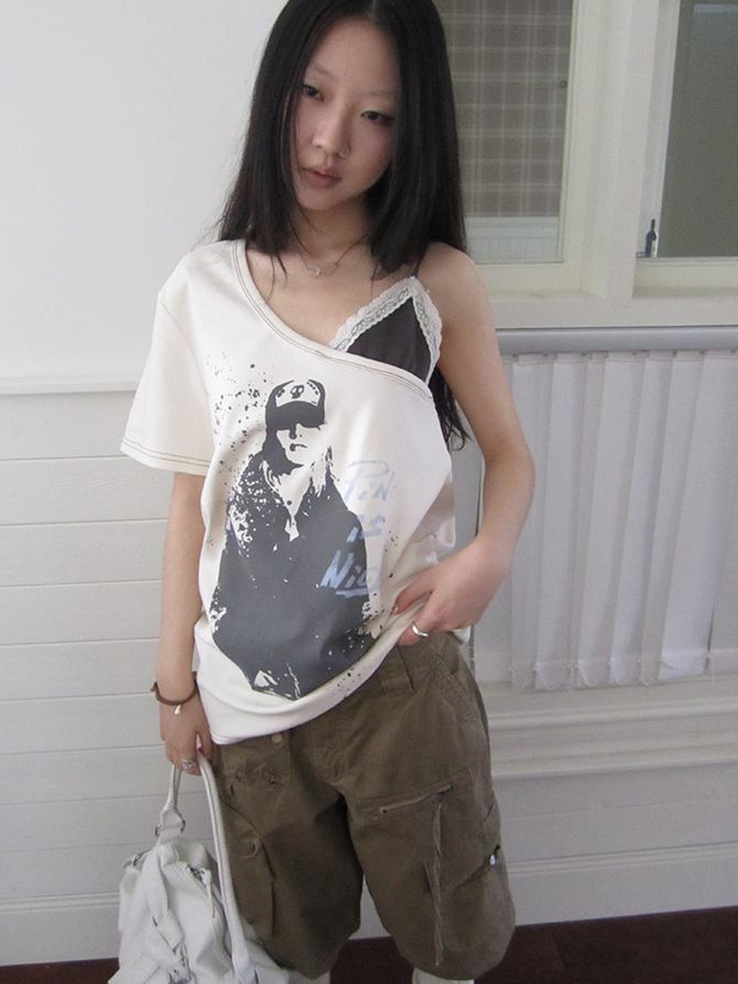 Updateang project Vintage Summer Portrait Print Off Shoulder Lace Trim T Shirt