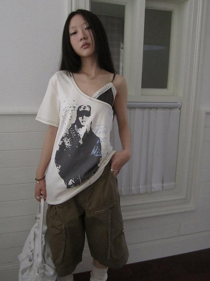 Updateang project Vintage Summer Portrait Print Off Shoulder Lace Trim T Shirt