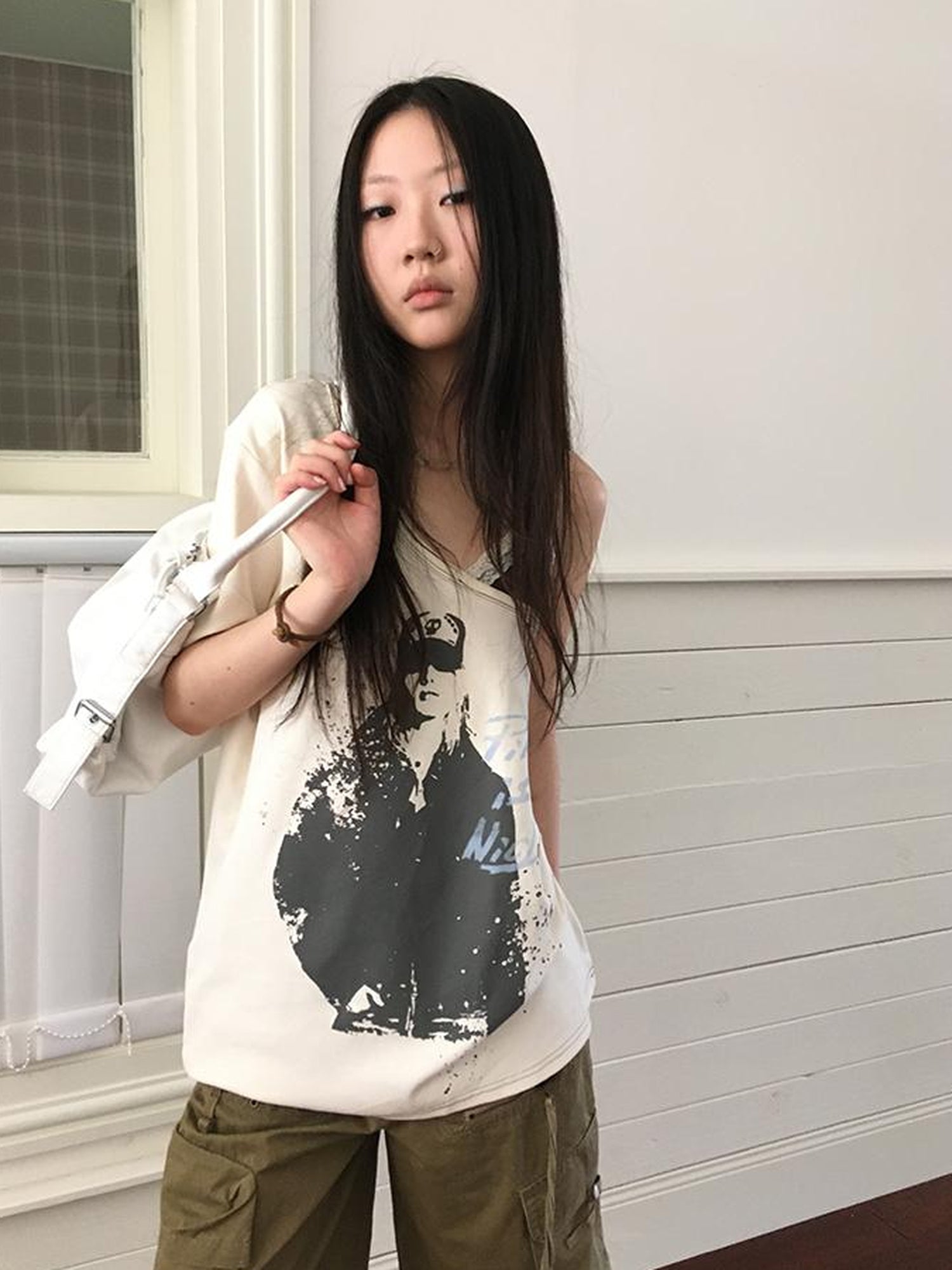 Updateang project Vintage Summer Portrait Print Off Shoulder Lace Trim T Shirt