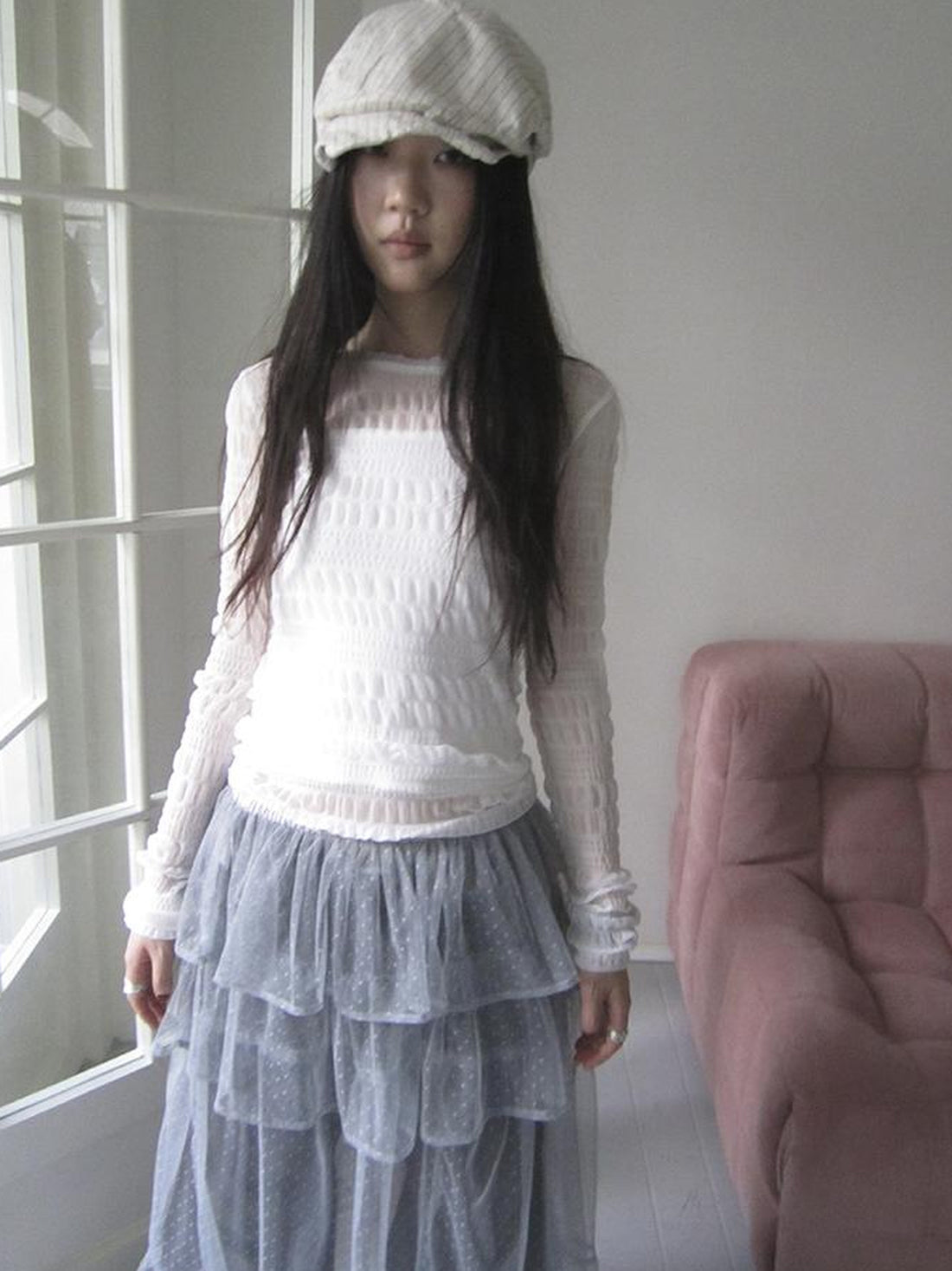 Updateang project Vintage Sweet Ruffled Lace Mesh Long Sleeve V Neck T Shirt