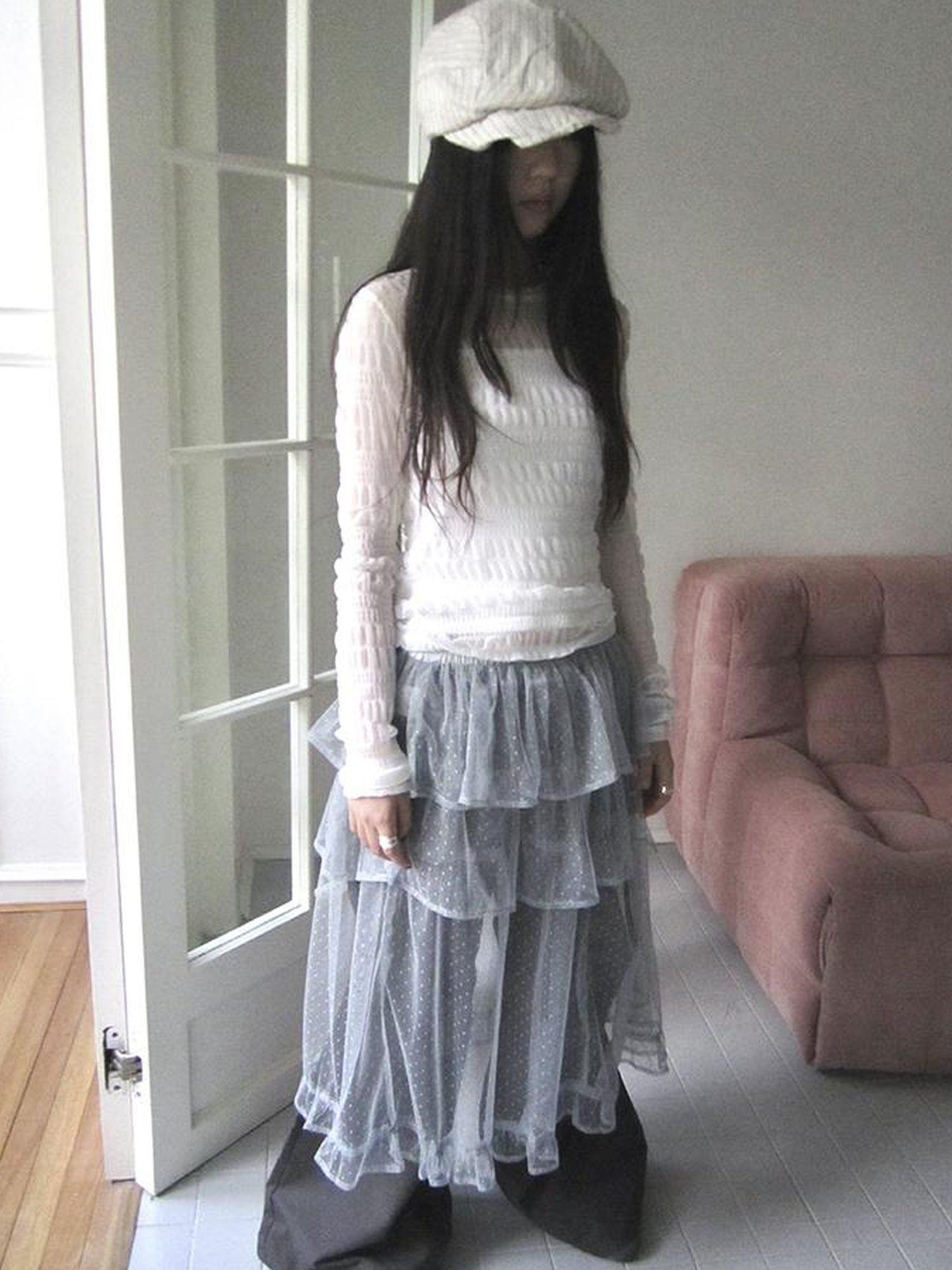 Updateang project Vintage Sweet Ruffled Lace Mesh Long Sleeve V Neck T Shirt