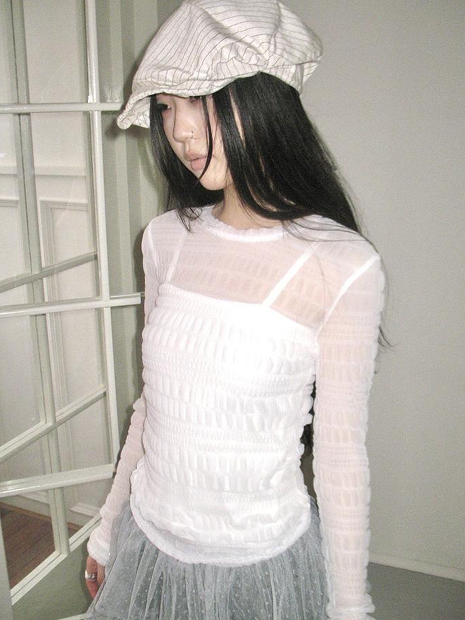 Updateang project Vintage Sweet Ruffled Lace Mesh Long Sleeve V Neck T Shirt