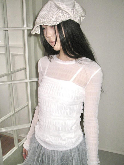 Updateang project Vintage Sweet Ruffled Lace Mesh Long Sleeve V Neck T Shirt