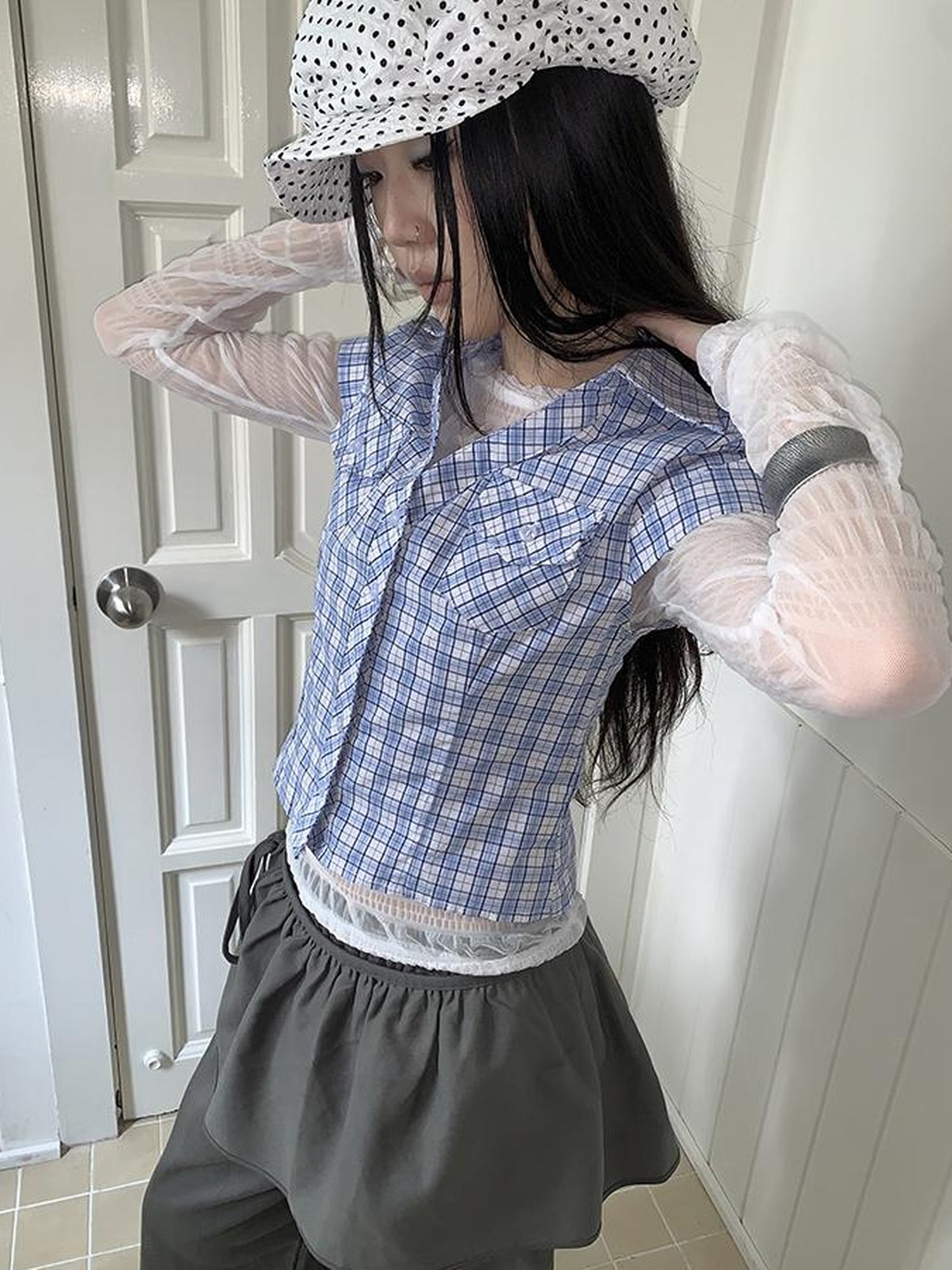 Updateang project Vintage Sweet Ruffled Lace Mesh Long Sleeve V Neck T Shirt