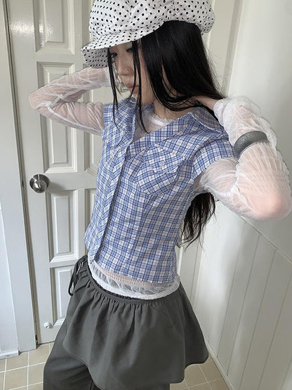 Updateang project Vintage Sweet Ruffled Lace Mesh Long Sleeve V Neck T Shirt