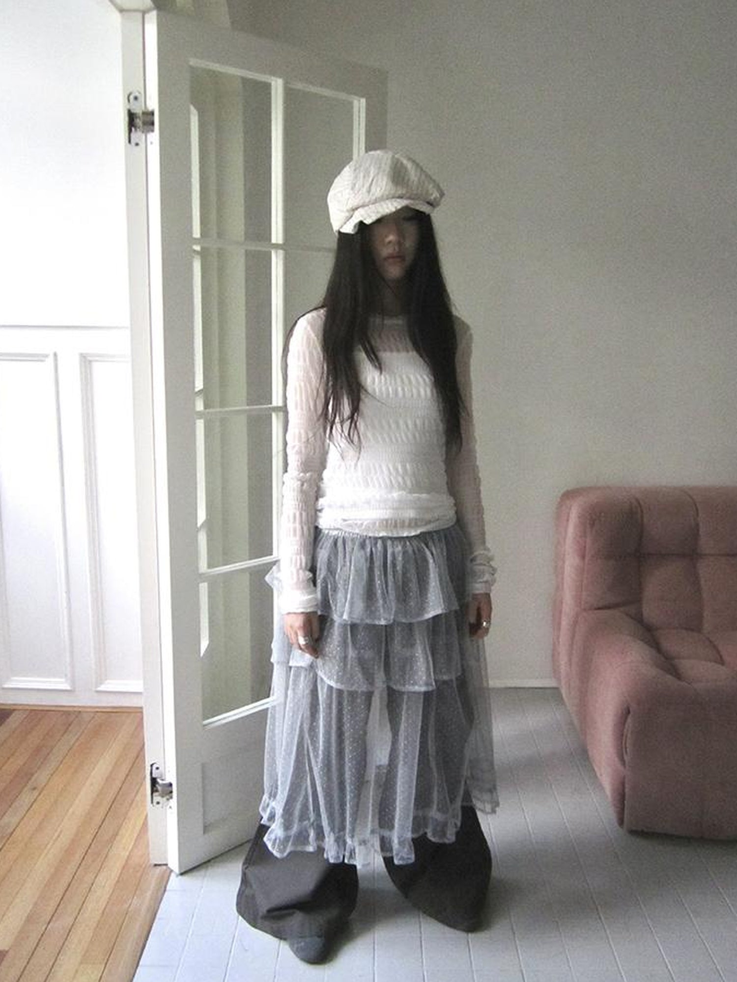 Updateang project Vintage Sweet Ruffled Lace Mesh Long Sleeve V Neck T Shirt