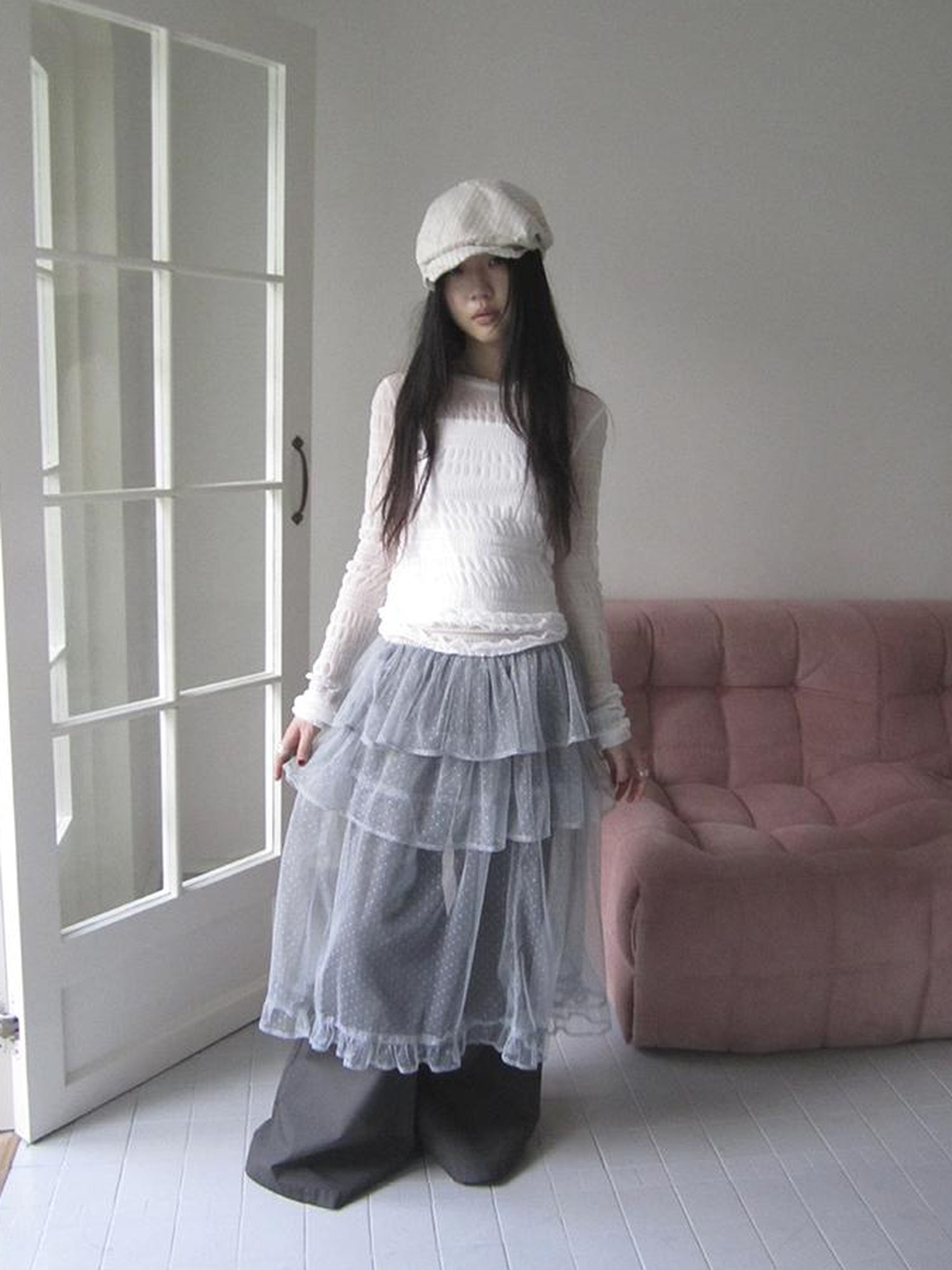 Updateang project Vintage Sweet Ruffled Lace Mesh Long Sleeve V Neck T Shirt
