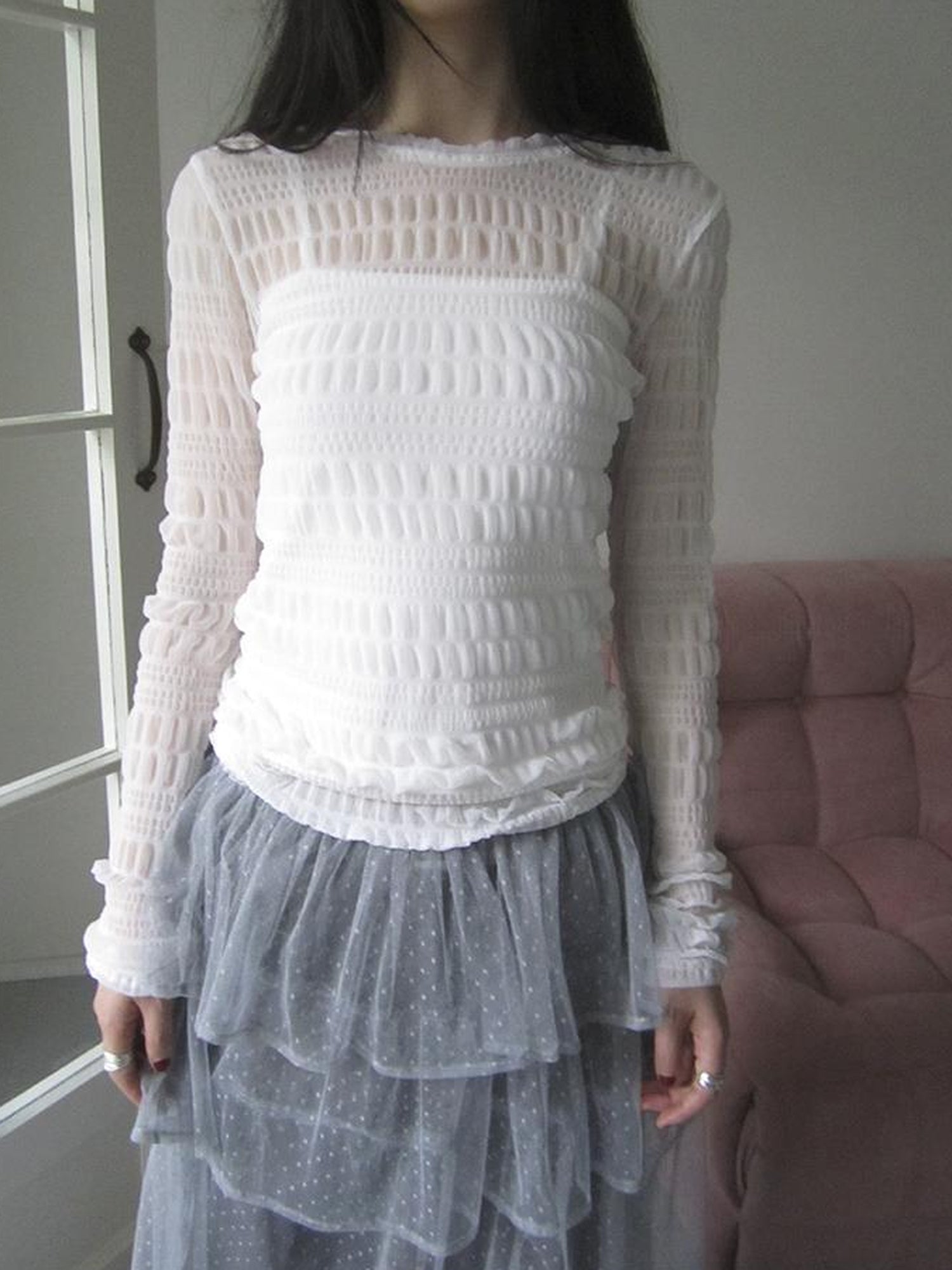 Updateang project Vintage Sweet Ruffled Lace Mesh Long Sleeve V Neck T Shirt