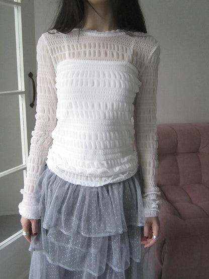 Vintage Sweet Ruffled Lace Mesh Long Sleeve V Neck T Shirt