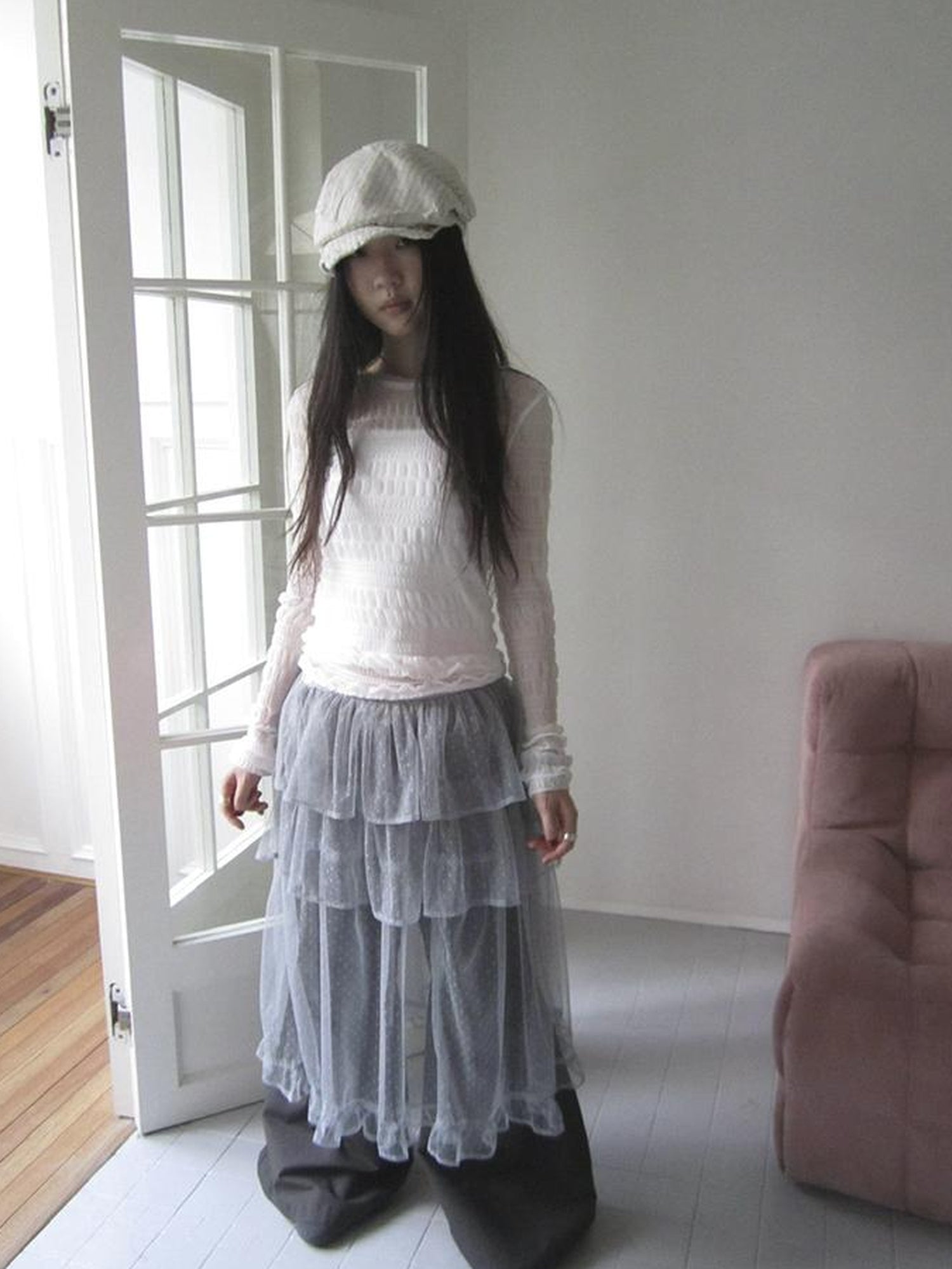 Updateang project Vintage Sweet Ruffled Lace Mesh Long Sleeve V Neck T Shirt
