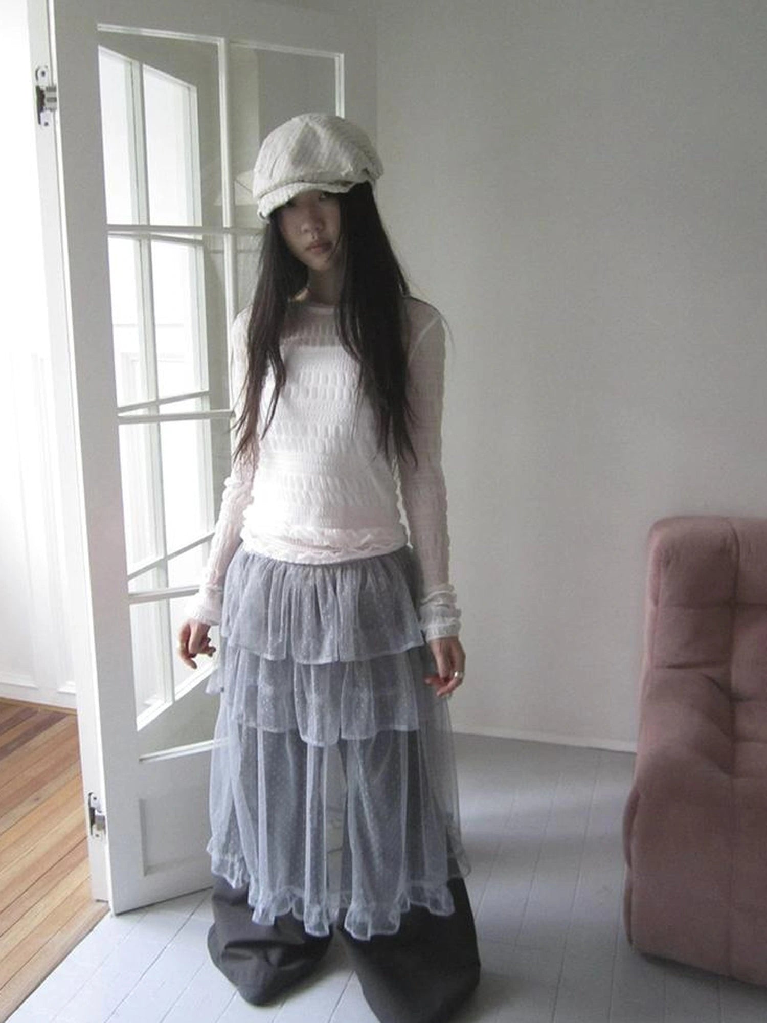 Vintage Sweet Ruffled Lace Mesh Long Sleeve V Neck T Shirt