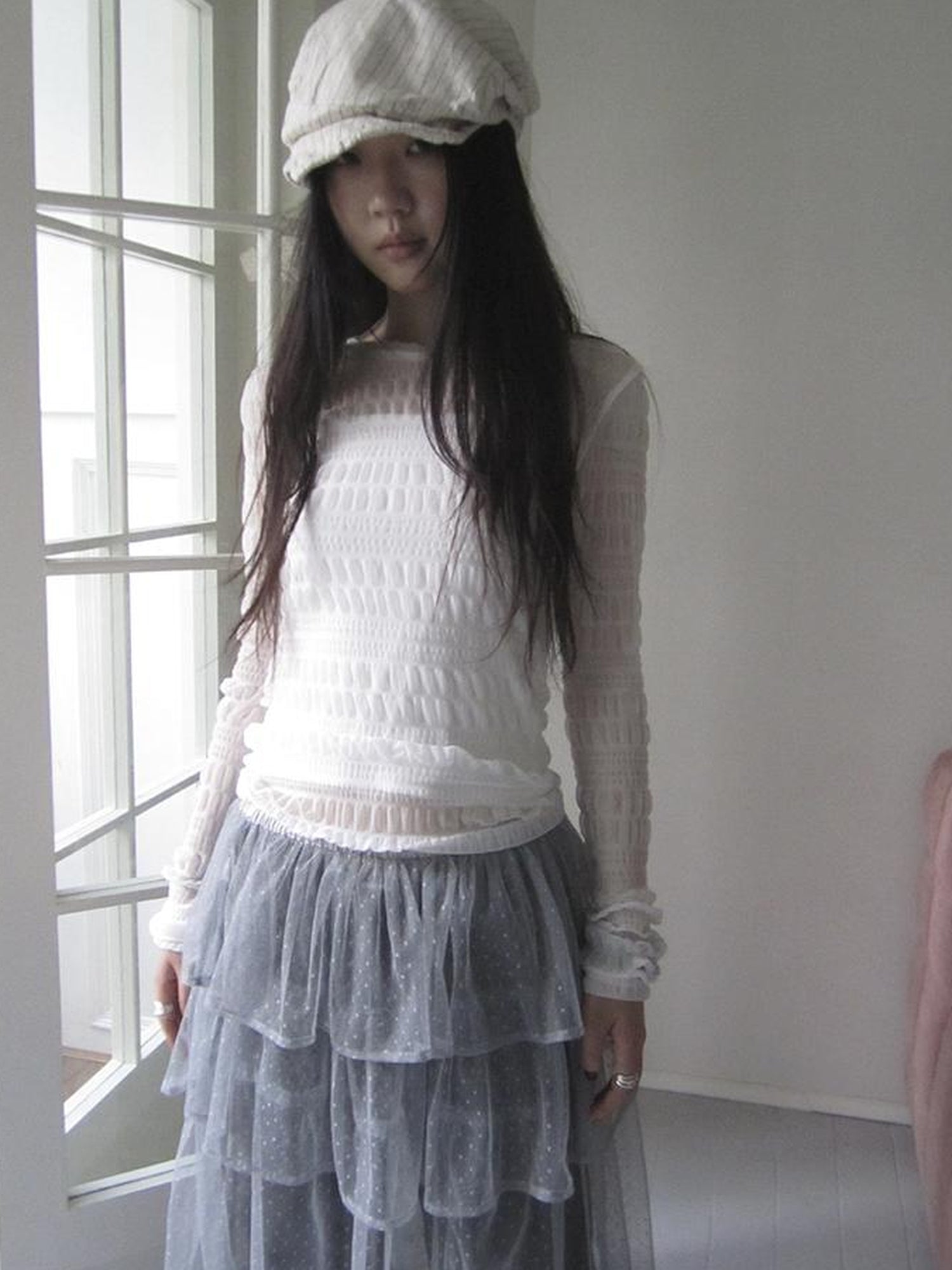 Updateang project Vintage Sweet Ruffled Lace Mesh Long Sleeve V Neck T Shirt