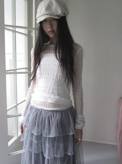 Updateang project Vintage Sweet Ruffled Lace Mesh Long Sleeve V Neck T Shirt