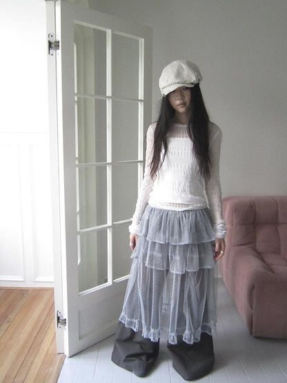 Updateang project Vintage Sweet Ruffled Lace Mesh Long Sleeve V Neck T Shirt