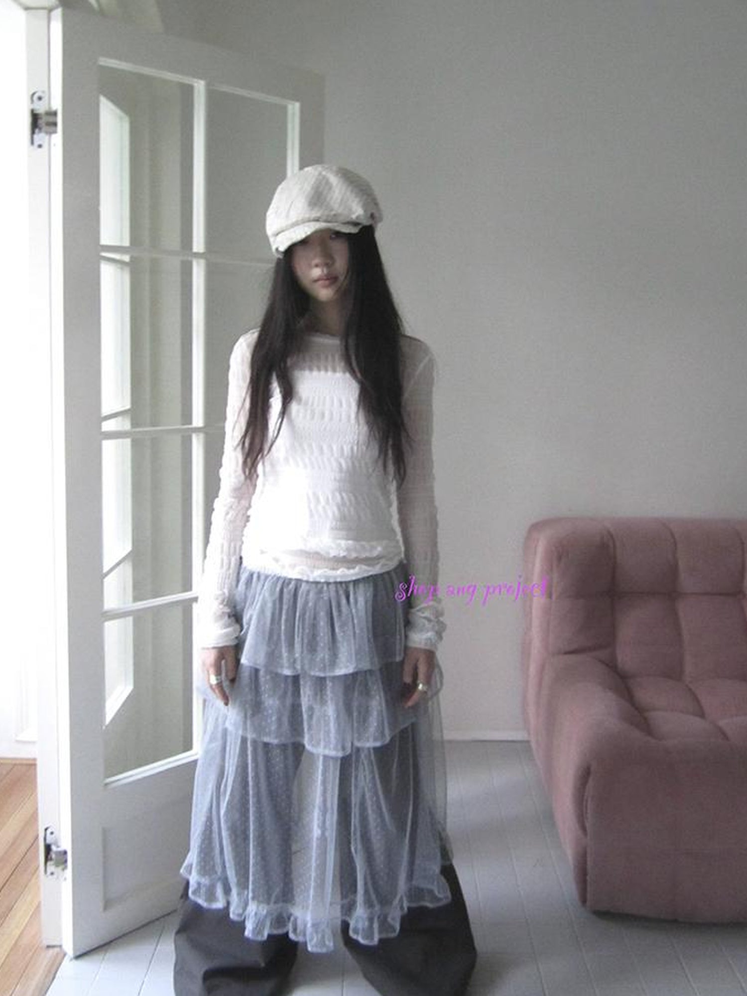 Updateang project Vintage Sweet Ruffled Lace Mesh Long Sleeve V Neck T Shirt