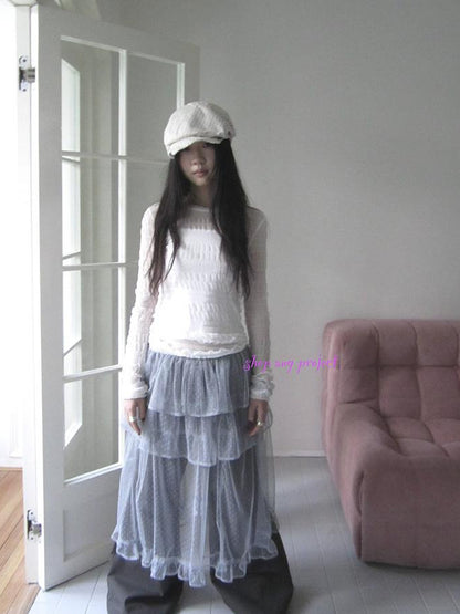 Updateang project Vintage Sweet Ruffled Lace Mesh Long Sleeve V Neck T Shirt
