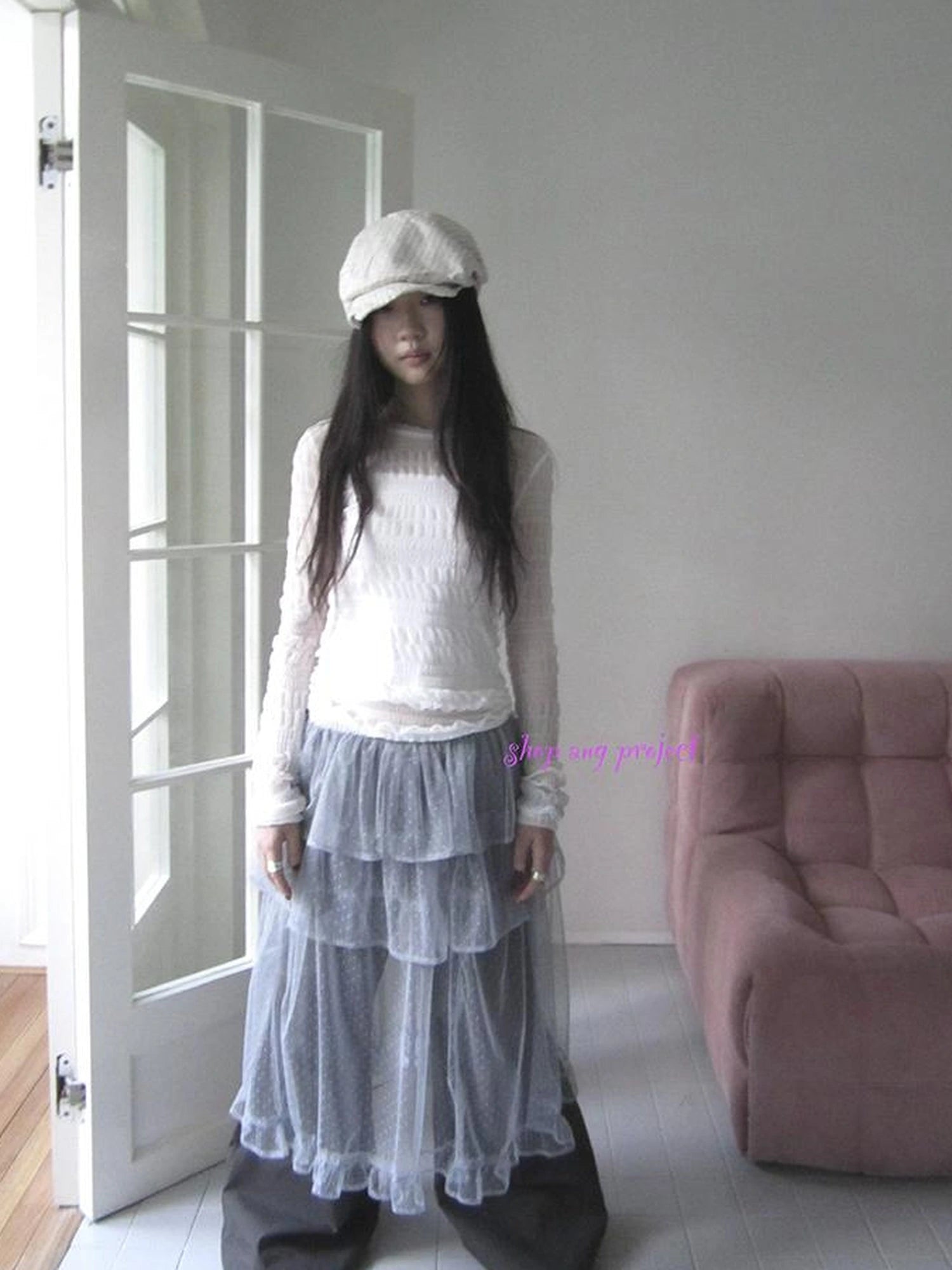 Vintage Sweet Ruffled Lace Mesh Long Sleeve V Neck T Shirt